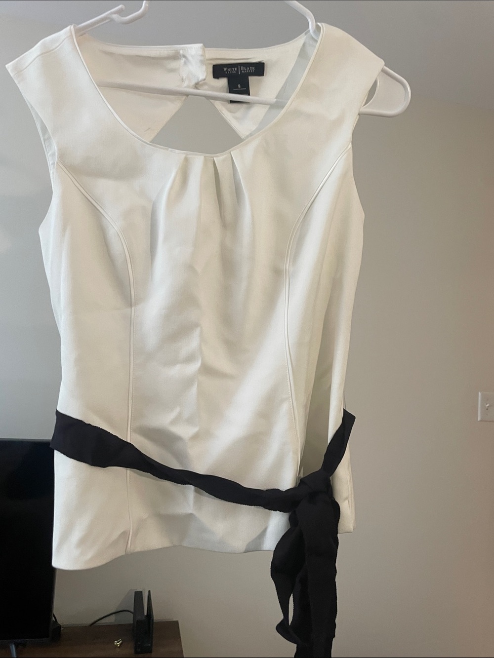 White House Black Market Cream Shell Top with Black Tie Waist